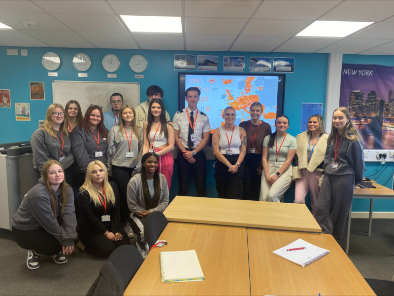 Selby College Travel & Tourism students with Jack Walker, pilot for easyJet